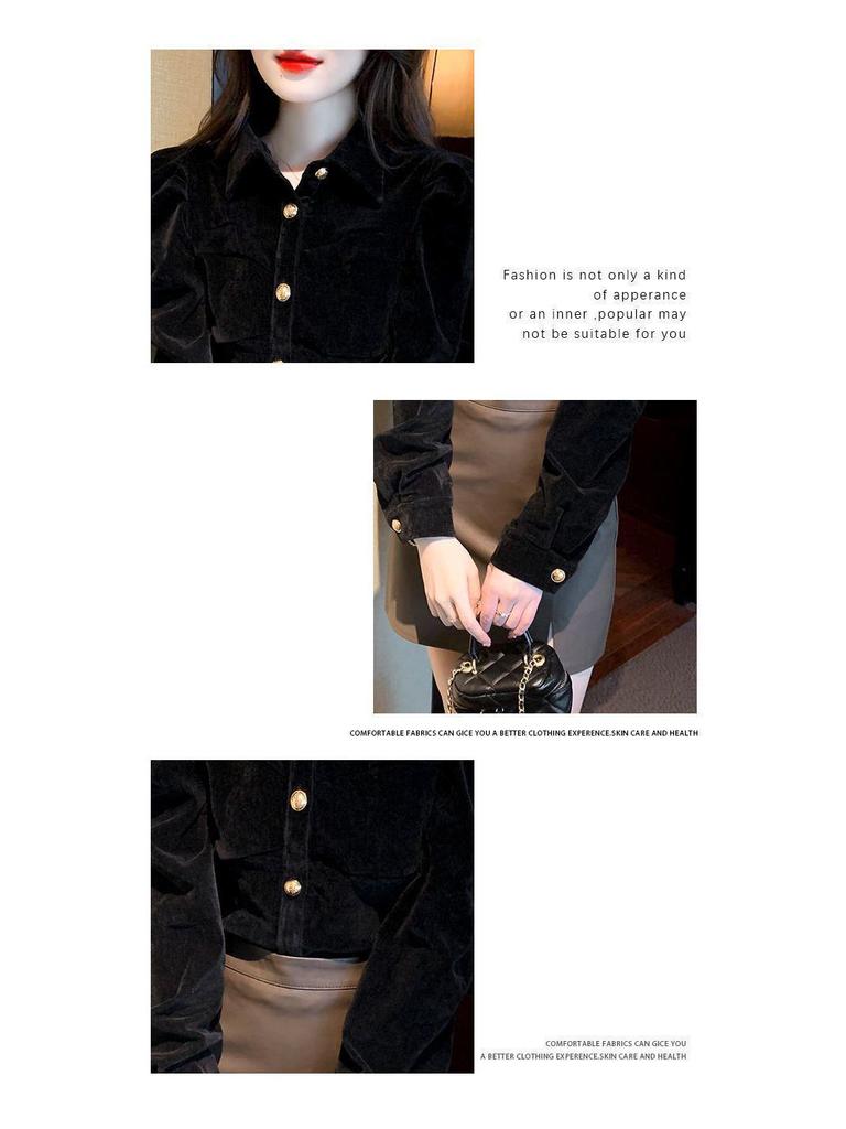 Women's Chic Black Velvet Puff Sleeve Top - Retro Court Style, Designer, Plus Velvet, Perfect for Autumn/Winter