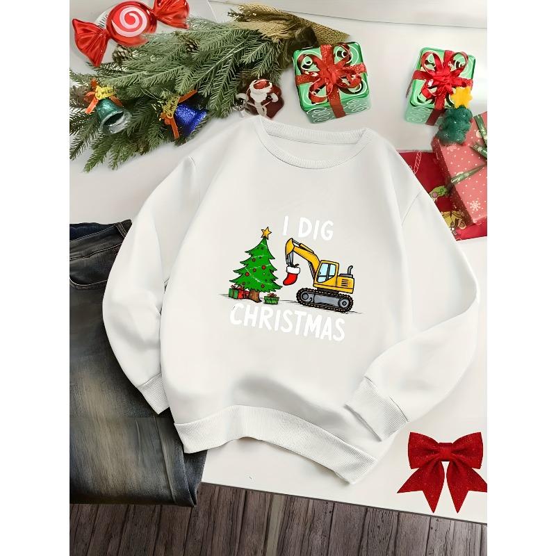Christmas Theme Boys and Girls Long Sleeve Round Neck Sweater Printed Excavator and Christmas Tree Pattern I Dig 110 белый