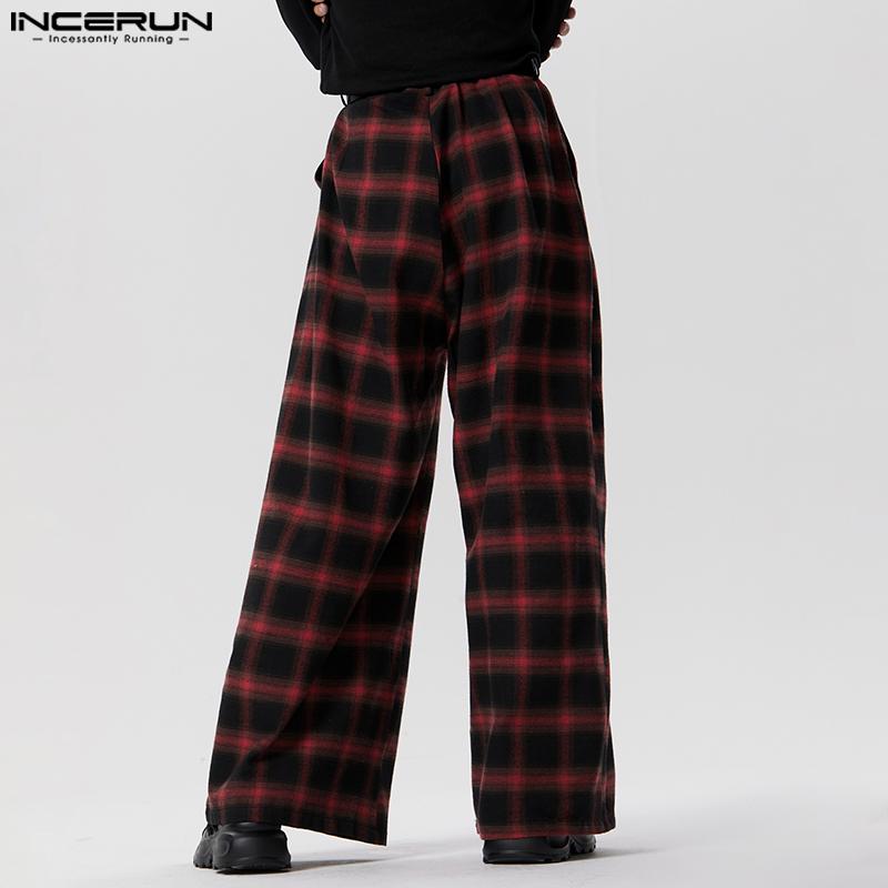 INCERUN Pánské kostkované ležérní dlouhé kalhoty s elastickým pasem