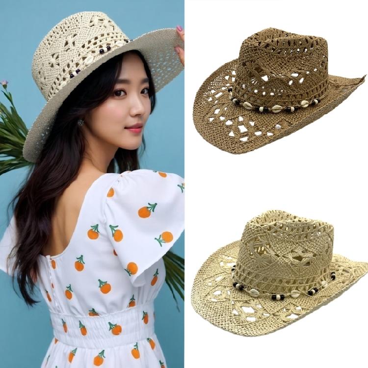 Elegant Wide Brims Woven Straw Hat with Seashells Decoration for Women Men Outdoor Fun Activity Breathable Headwear