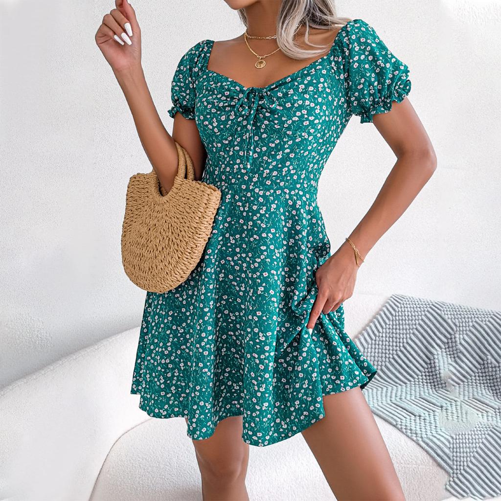 Women's Spring And Summer Casual Flare Sleeve Drawstring Lace-up Floral Dress