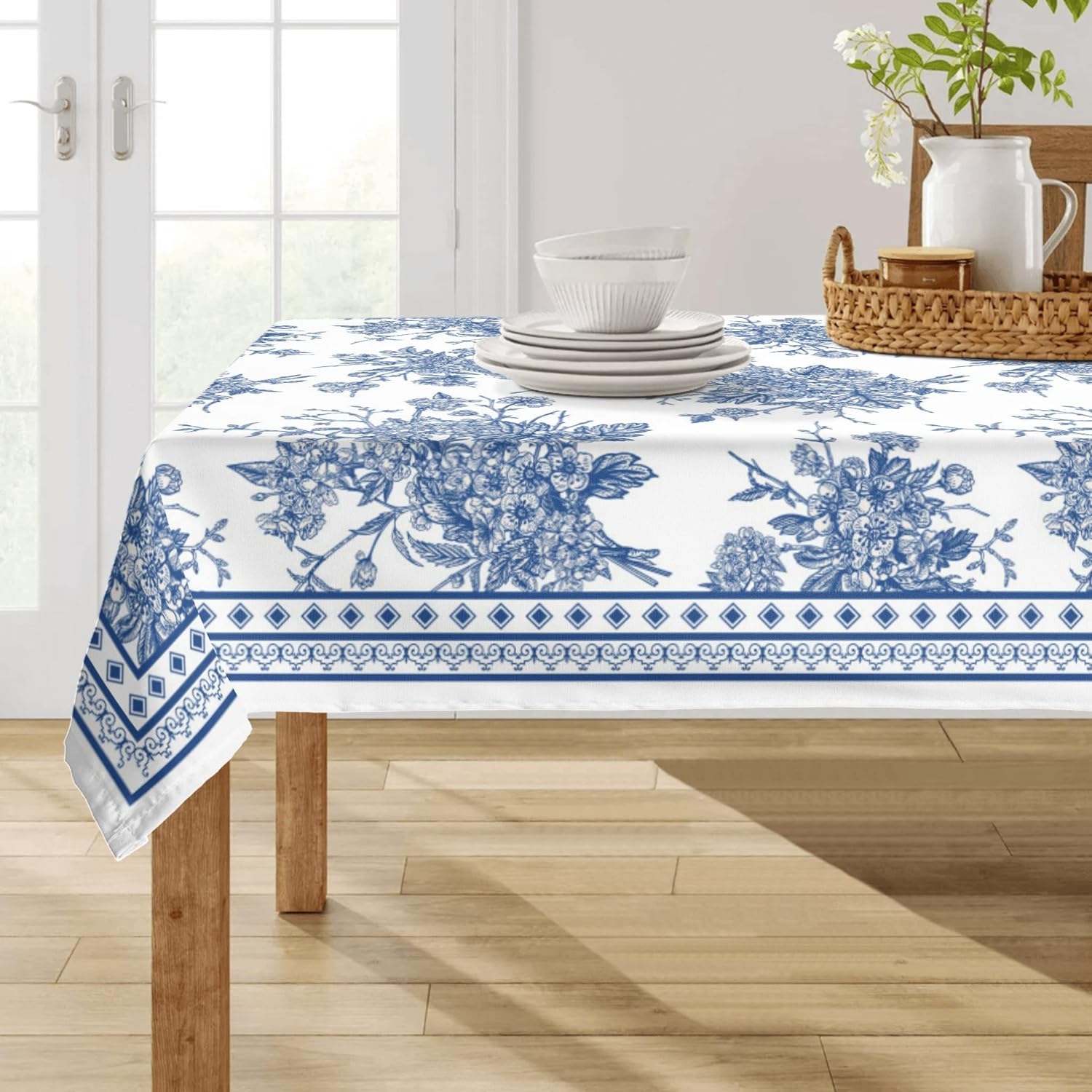 Blauwe Bloemige Polyester Tafelkleden Wasbaar Duurzaam Eetkamer Buiten Picknick Tafelkleden Keuken Eettafel Bruiloft Feest Decoratie 140x140cm