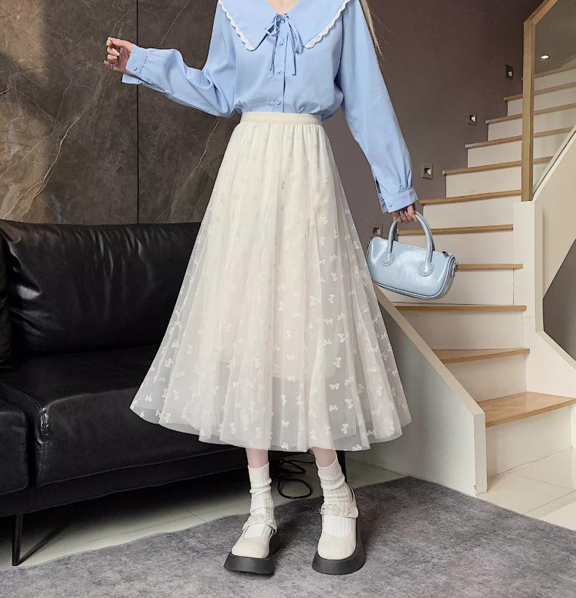 

Last Piece: Summer White High-Waisted Pleated Mesh A-Line Skirt with Flocked Jacquard One Size бежевый