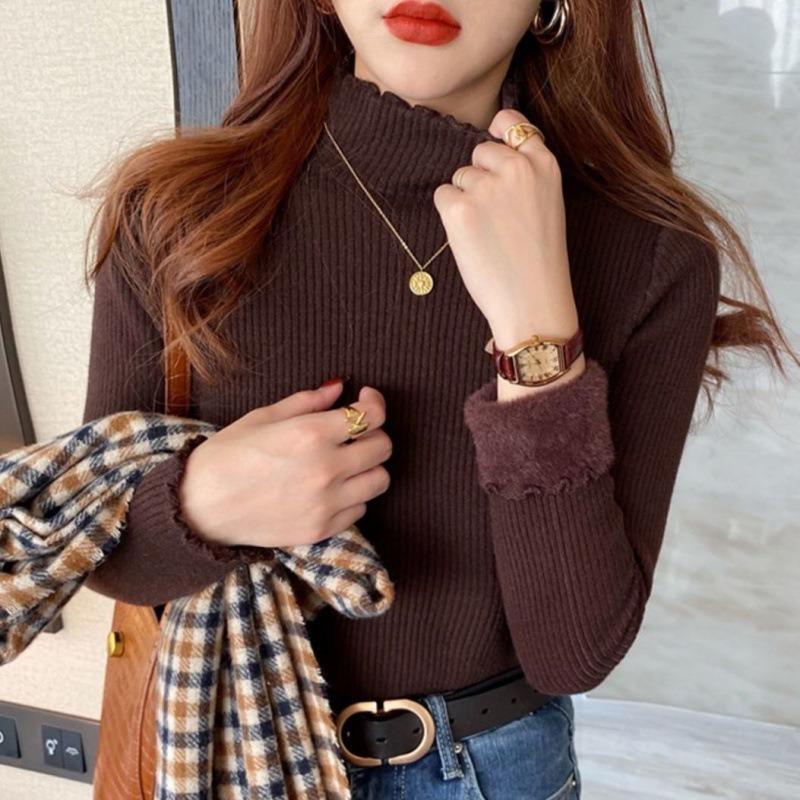 Semi-turtleneck Fashion Knitted Bottoming Shirt for Women's Autumn and Winter New Fleece Thickened Integrated Fleece Pullover Sweater