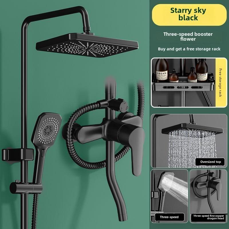 

Медный душевой набор Бытовой цифровой дисплей Система душа с постоянной температурой Насадка-бустер для ванной Комната Набор для душа Basic set(Black)