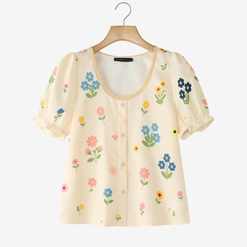 

ZANZEA Женская повседневная блузка с круглым вырезом, летняя, с цветочным принтом, с коротким рукавом S абрикосовый