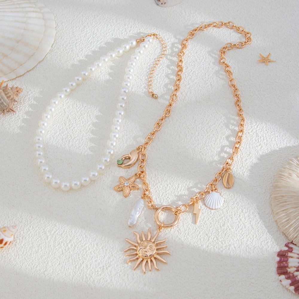 Beach Style Starfish Pendant Necklace Holiday Travel Shell Necklace Layered Choker Chain  for Women