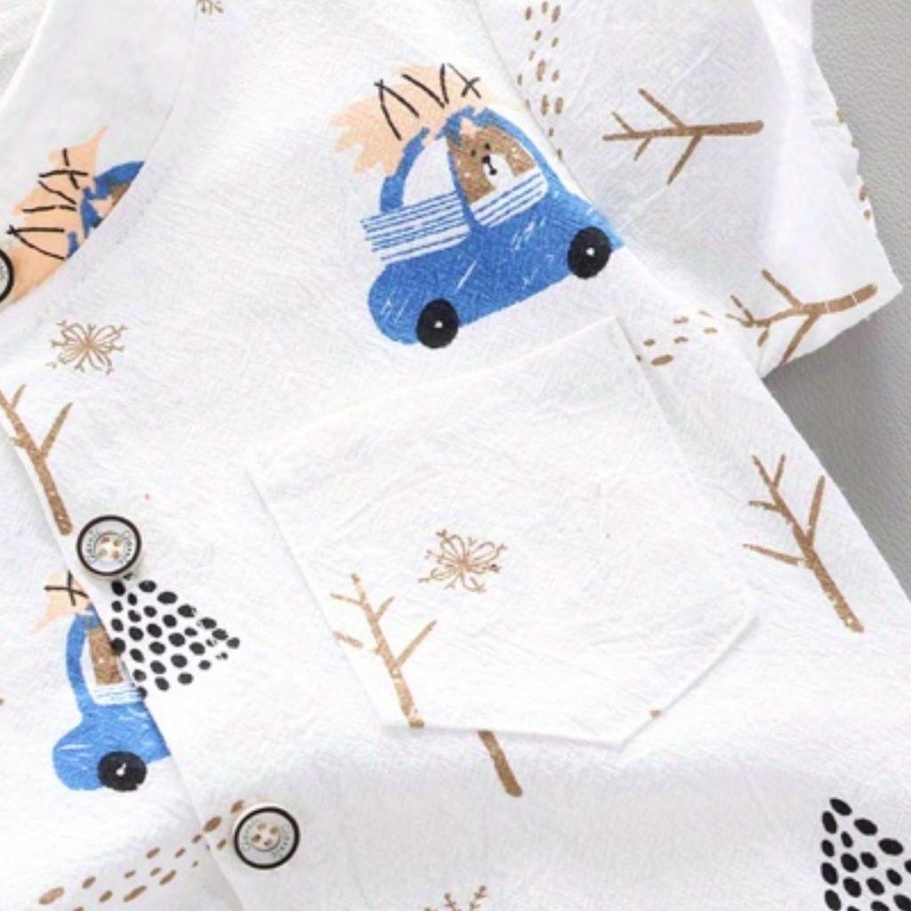 Infant and Toddler Summer Full Print Bear Driving Pattern Short Sleeved Shorts Set for Outdoor Standing Collar Shirt Fashion Two