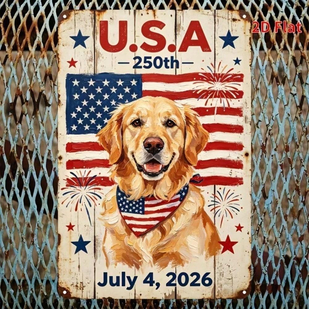 USA 250th Independence Day Golden Retriever Metal Sign 8x12 Inch Patriotic Dog Wall Art Iron Decor With Pre-Drilled Holes