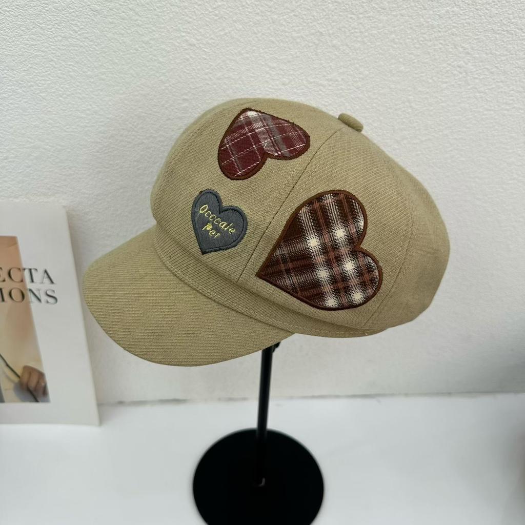 Plaid Splicing Letter Octagonal Hat Versatile Sunshade Spring and Autumn Cute Beret Showing Small Face Big Head Circumference Newsboy Hat