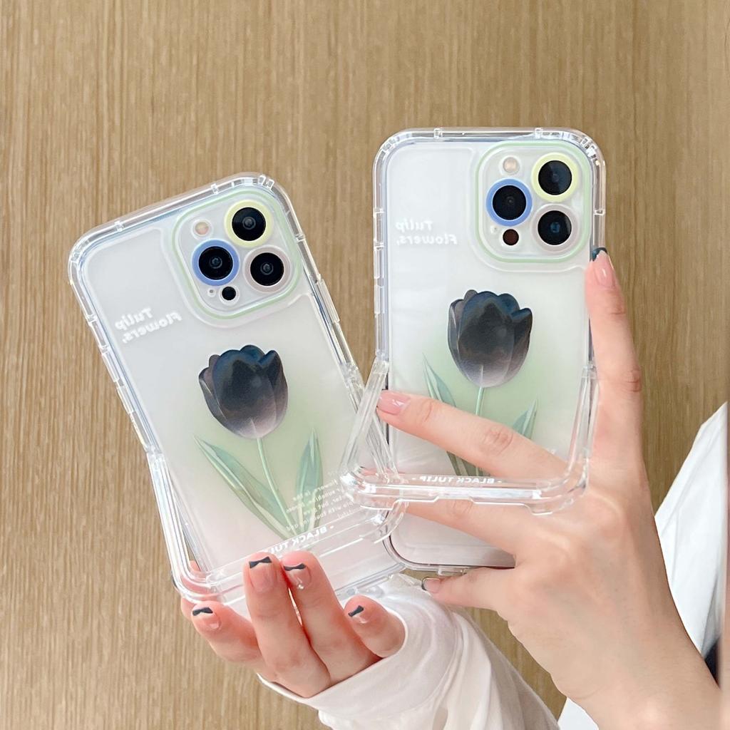 Black Tulips Flower Ins Clear Silicone Soft Phone Case For Iphone 11 12 Pro Max 13 Promax Cartoon Stand Holder Back Cover Capa