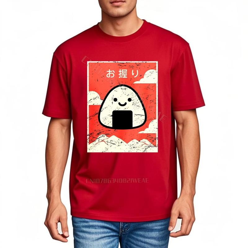 Tee shirt Black Quick Dry T Shirt Onigiri With Red Background Design Cotton Tshirt for Unisex Trendy Fashion Tshirt Breathable