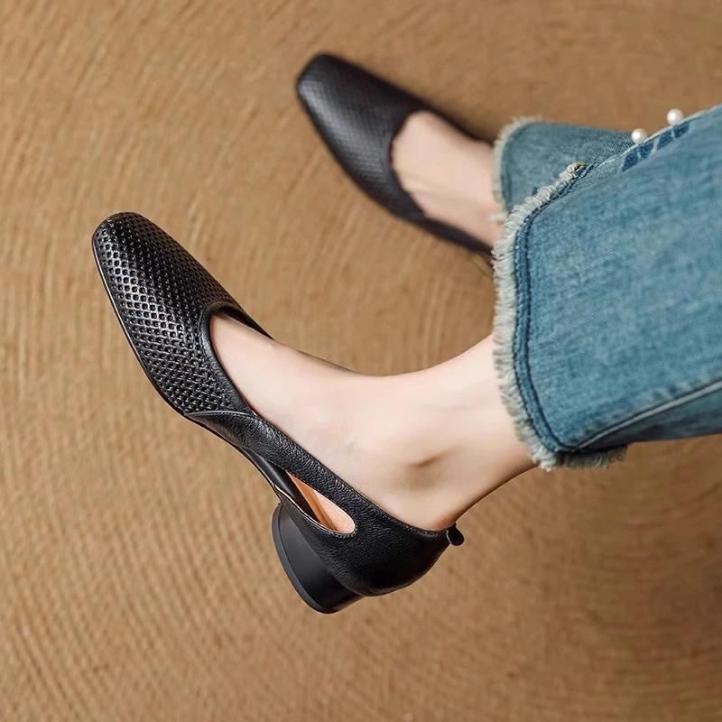 Summer Thick Heel Hollow Sandals for Women French Style Single Leather Shoes