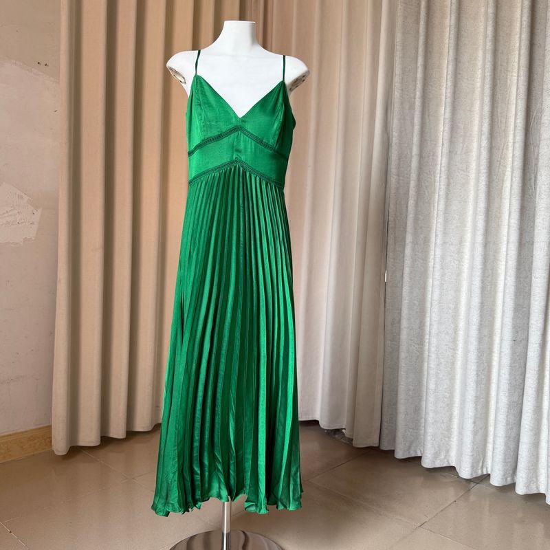 

Foreign Trade Export Texture Likes Elegant Sexy Chiffon Pleated Sling Dress Green 14(UK)