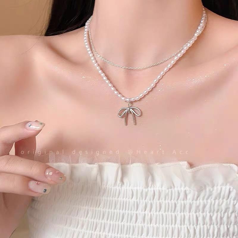 Broken silver metal bow love pearl necklace women's niche design personalized versatile high-grade neck chain collarbone chain