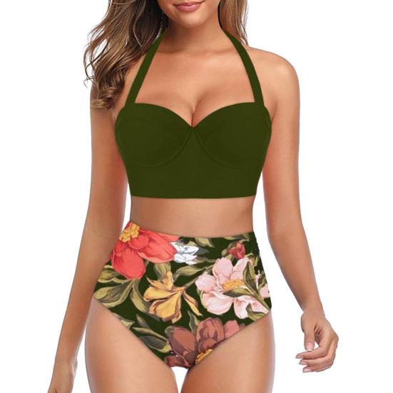 Padded Wire Free Two Piece Bikini Set Halter Bra Sunflower Print Briefs Swimwear for Beach