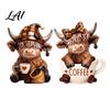 Stabile Harzfigur Dekoration 2 Stück Kaffeekuh Figur Niedliche Tierstatue für Zuhause Schreibtisch Miniatur Highland Dekoration Café Stil Tischdekoration,