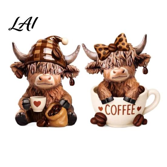Stabile Harzfigur Dekoration 2 Stück Kaffeekuh Figur Niedliche Tierstatue für Zuhause Schreibtisch Miniatur Highland Dekoration Café Stil Tischdekoration,