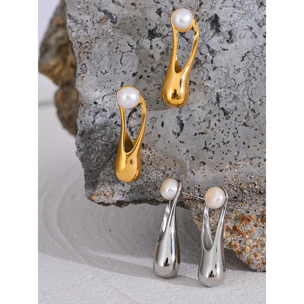 Yhpup Natural Pearl Stainless Steel Cast Geometric Elegant Long Stud Earrings Fashion Metal Golden Jewelry Prevent Allergy Gift