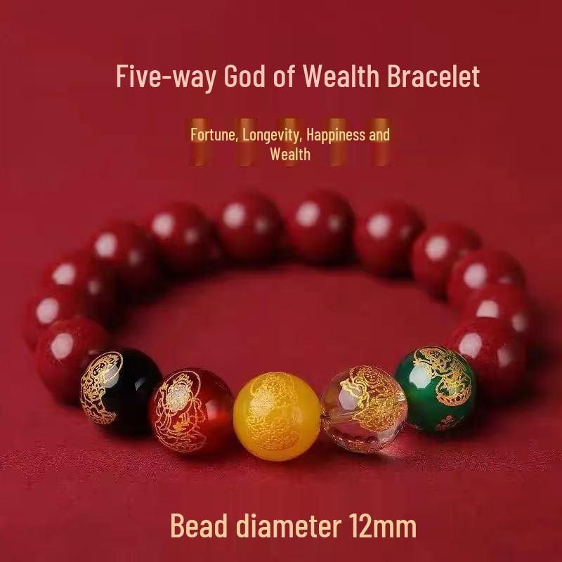 Cinnabar Five Gods of Wealth Bracelet - Luck-Changing Hand String with Purple Gold Sand Beads for Men and Women