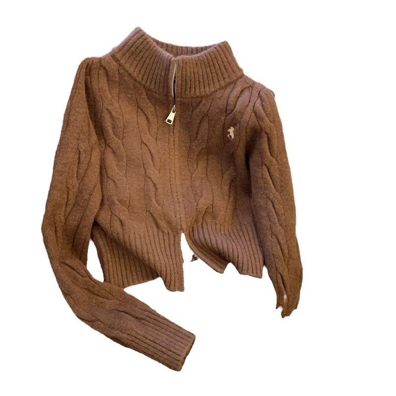 Vintage Twisted Stand-up Neck Sweater Jacket Women's College Autumn and Winter Short Small Embroidered Knitted Cardigan Top