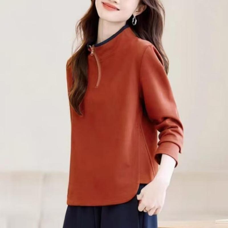 Autumn Winter Stand Collar Zipper Sweatshirt Women Loose Casual Solid Color All-match Bottomed Pullovers Top