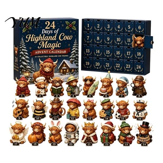 Christmas Advent Calendar 24 Days of 3D Highland Cow Calendar, Cute Farm Day Countdown Box Cattle with Mini Figurines Collectibles for Holiday