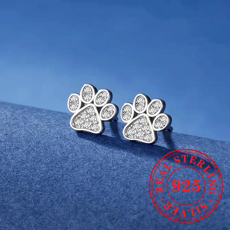 Sweet Shiny White CZ Heart Pierced Earrings for Girls  Sterling Silver Cute Pet Paw Prints Jewelry Daily Party Jewelry