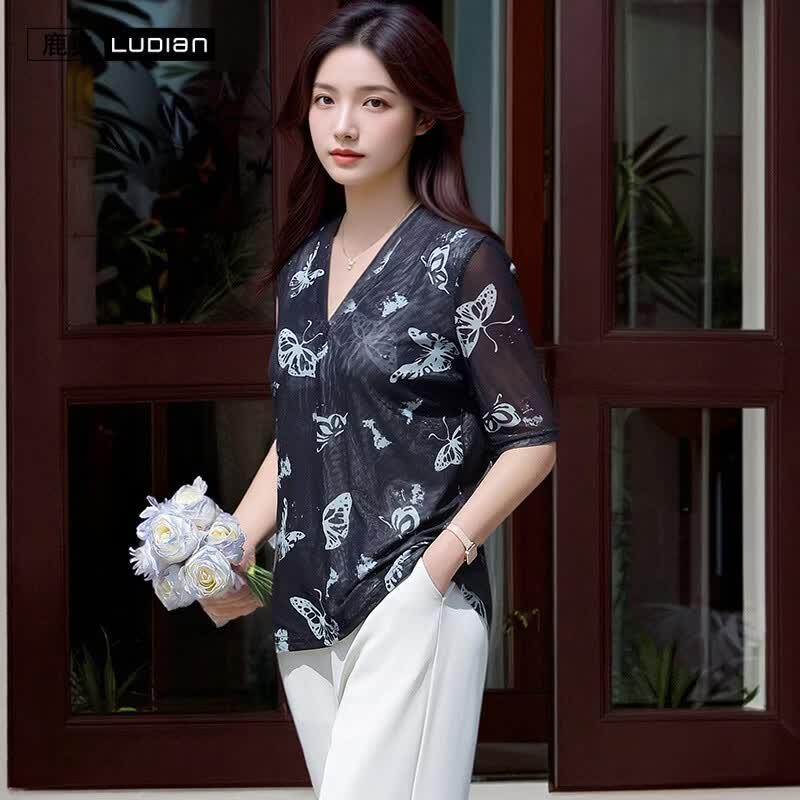 LUDIan Women s V-Neck Mid-Sleeve T-Shirt 4XL
