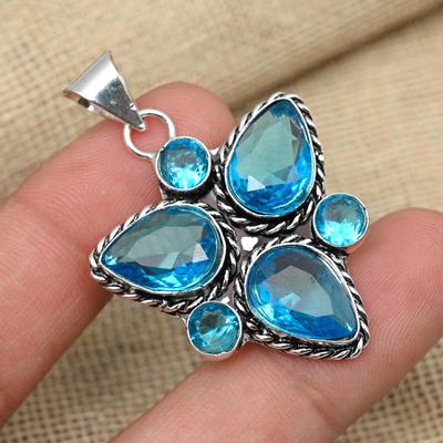 Blue Topaz Gemstone 925 Sterling Silver Gorgeous Design Pendant Women Jewelry