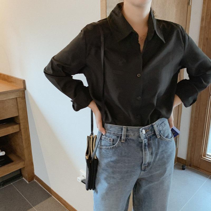 DAFIFY Women's Fashion Casual Spring Autumn Solid Color Print Long Sleeve POLO Neck Blouses & Shirts