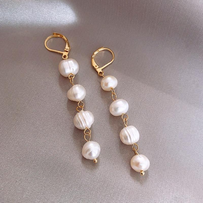 14K Gold Plated Copper Baroque Freshwater Pearl Long Tassel Hoop Earrings For Women Wedding Jewelry