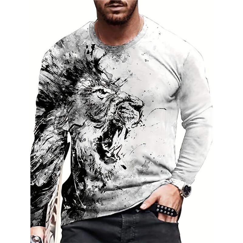 3D Wolf Print Autumn And Winter Men's Top Daily Casual Men's Long Sleeve T-shirt Outdoor Street Fashion Men's Long Sleeve Top