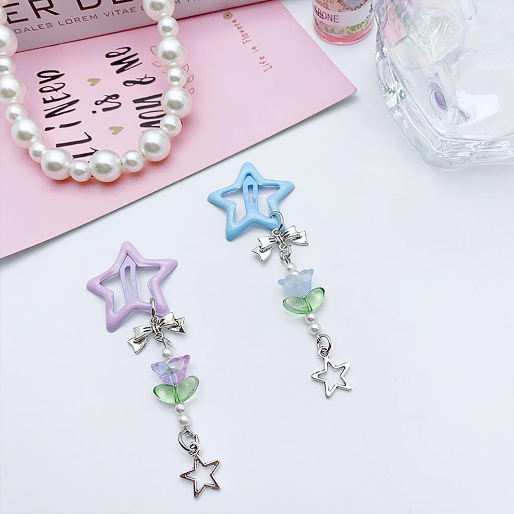 Blue/Purple Star Shape Hairpin for Girls Cute Sweet Style Charm Hair Barrettes with Flower Pendant for Photography