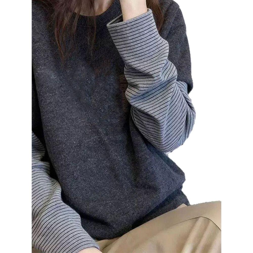 Korean Style Striped Patchwork Long Sleeve Women's Thermal T-Shirt - Versatile Fake Two-Piece Fleece Layer for Autumn/Winter