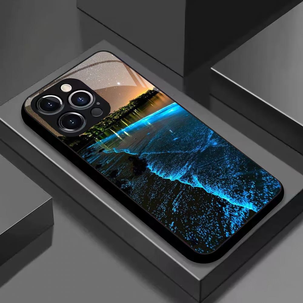 Fluorescent beach pattern tempered glass phone case suitable for iPhone17 16 15 14 13 12 11Pro/Max/Plus anti drop and shockproof