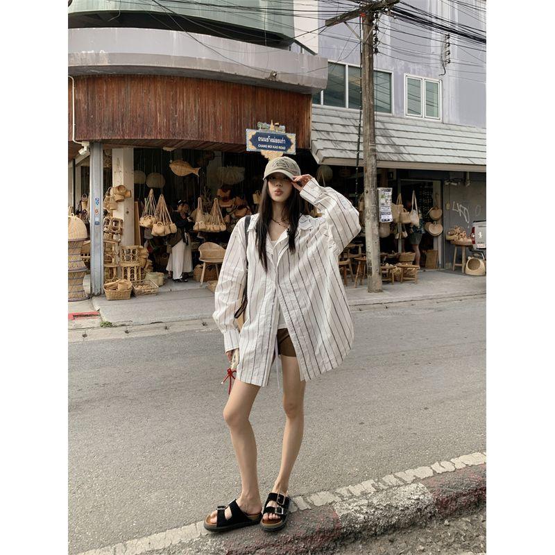 Kumikumi Idle Style Retro Vertical Stripes Loose Long Sleeves Shirt Women's Autumn Beautiful Temperament Wild Outerwear Top