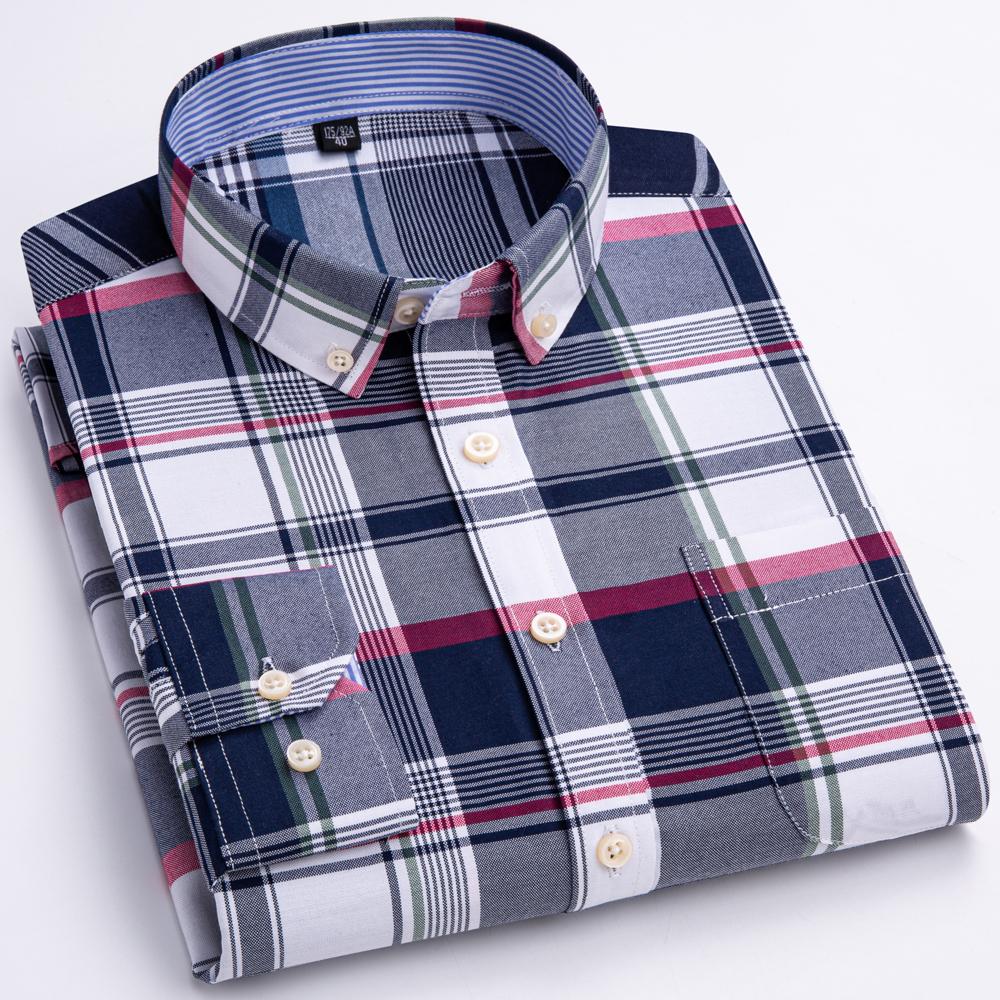 Cămașă Oxford cu carouri pentru bărbați, cu mânecă lungă, 100% bumbac, cu guler cu nasturi și buzunar la piept, croială confortabilă, casual, de primăvară-toamnă, durabilă, rezistentă la șifonare
