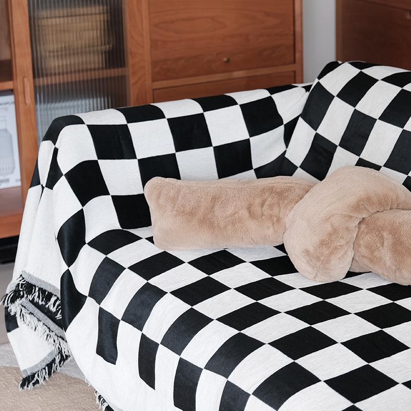 Retro Checkerboard Chessboard Grid Throw Blanket Tapestry Tassel Two Side Bedspread Outdoor Camp Beach Towels Sofa Chair Cover