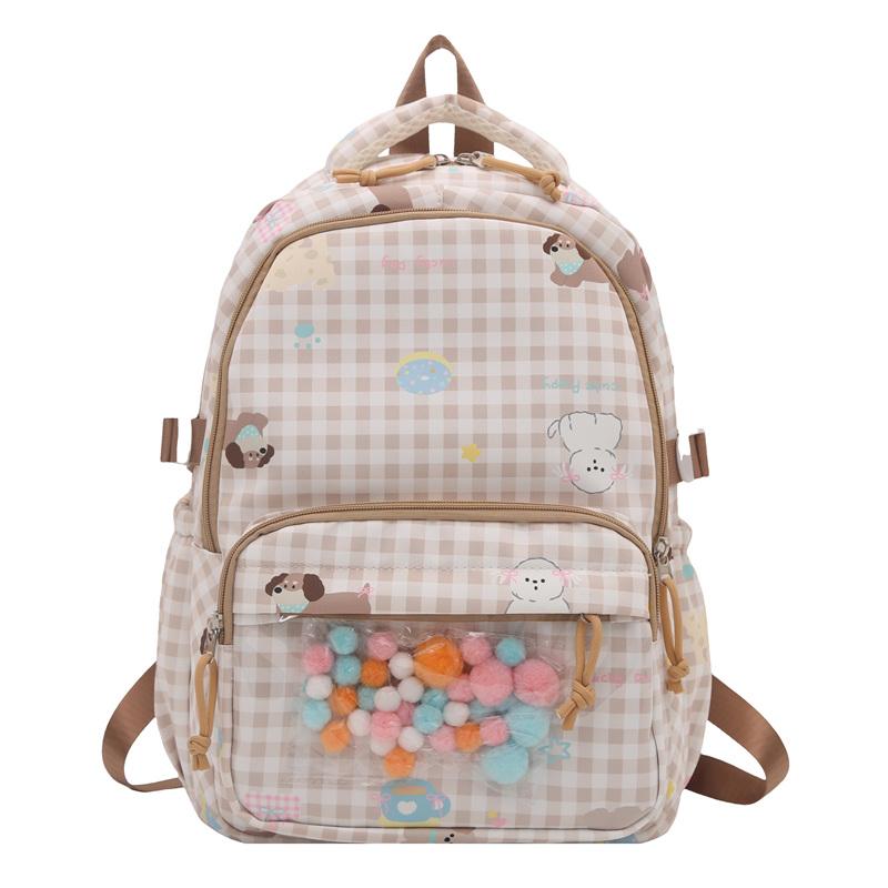 Cartoon Cat Pattern Women's Backpack Plaid Schoolbag