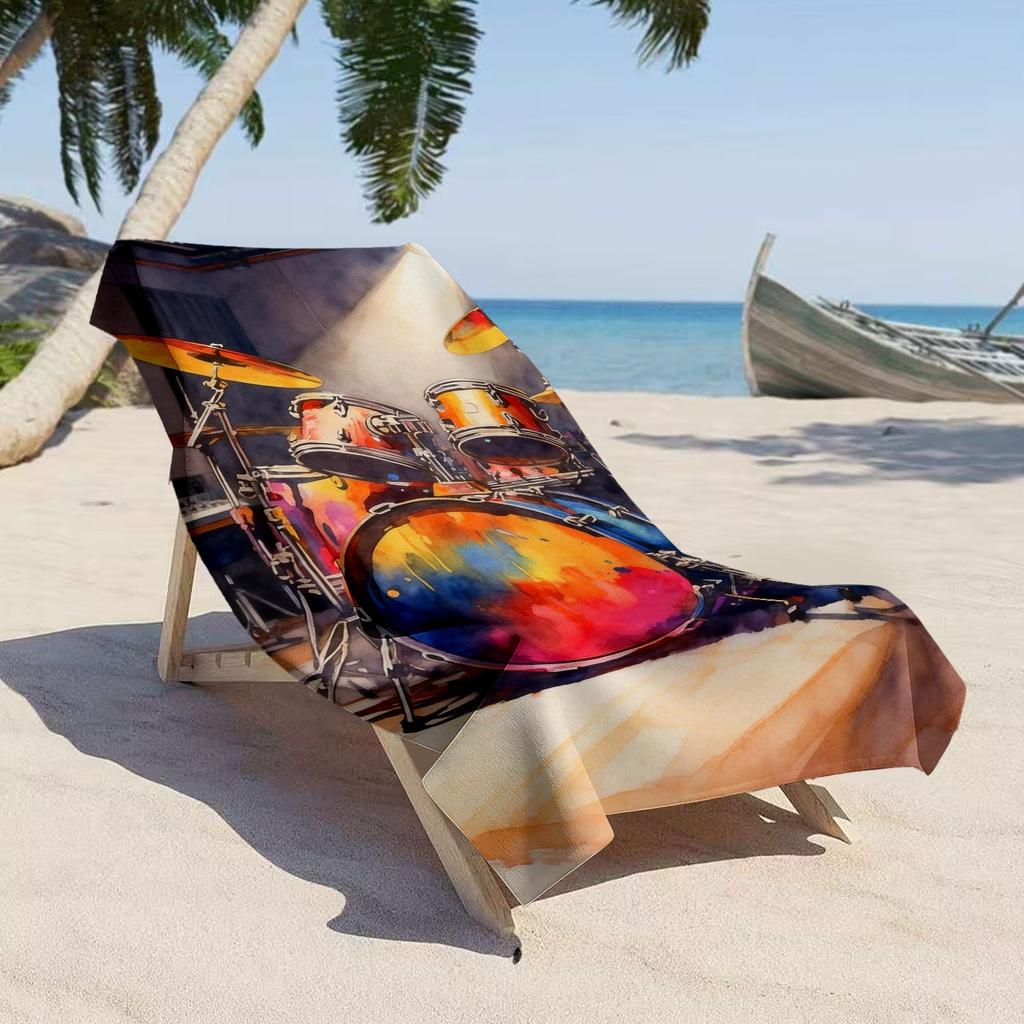 Buntes Schlagzeug Strandtuch, Aquarell-Schlagzeug-Druck Übergröße Badetuch, Weiche Schnelltrocknende Musik-Themen Stranddecke