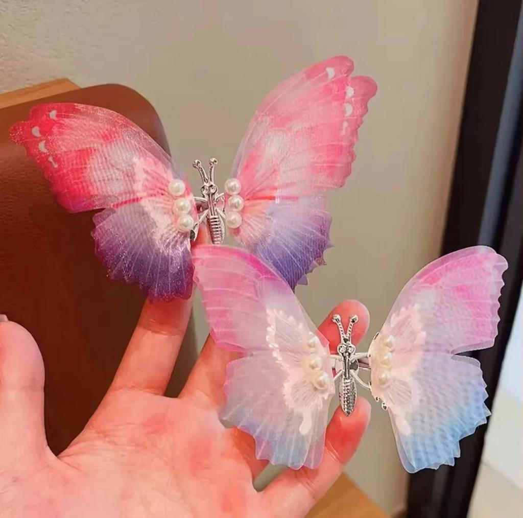 2Pcs Butterfly Girls Hairpin Moving New Gradient Hair Clip Three-Dimensional Barrettes Pearl Pet Hair Accessories