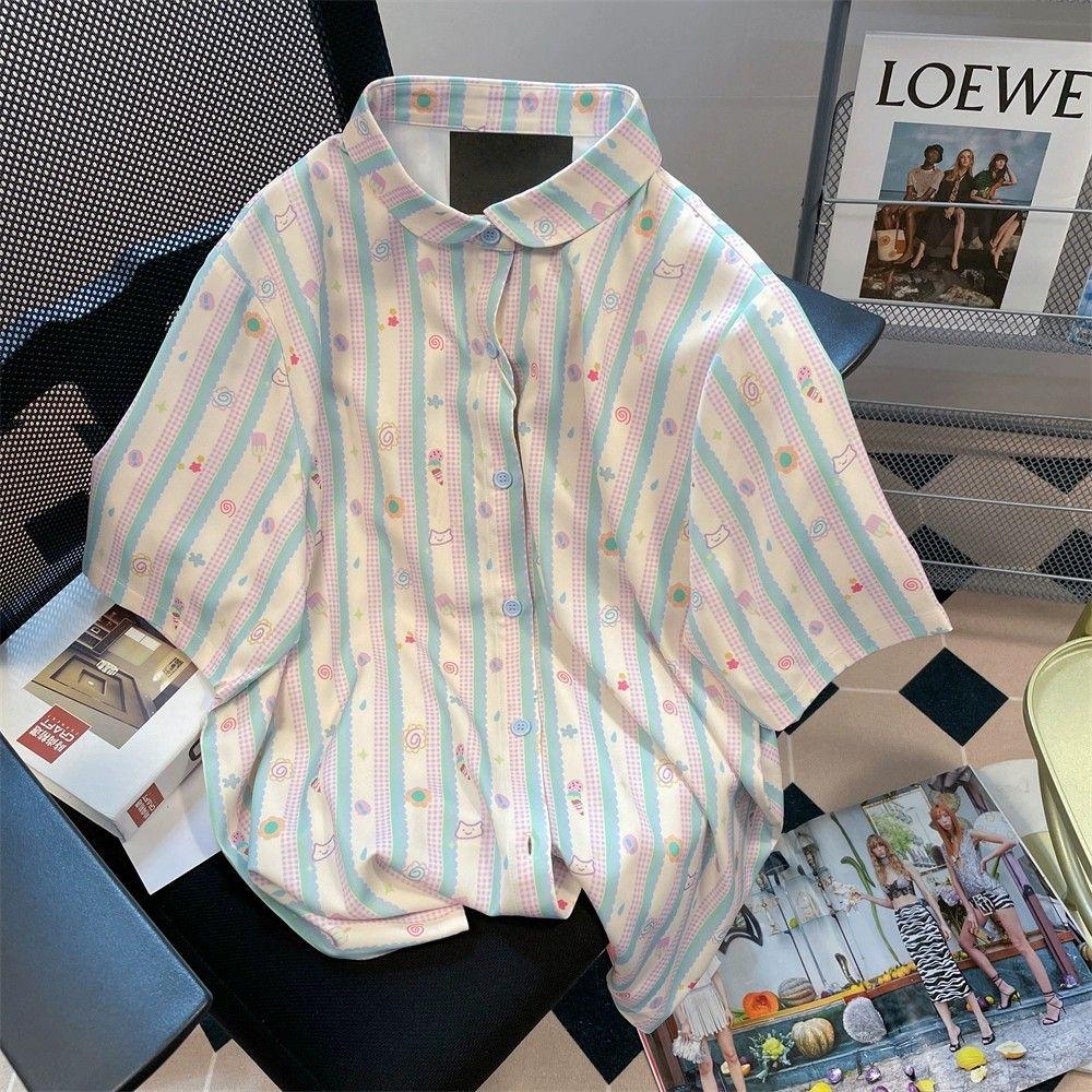 

Японская полосатая рубашка с короткими рукавами для женщин, корейская версия, свободная простая женская одежда, летний ретро-топ с однобортным лифом XXXL