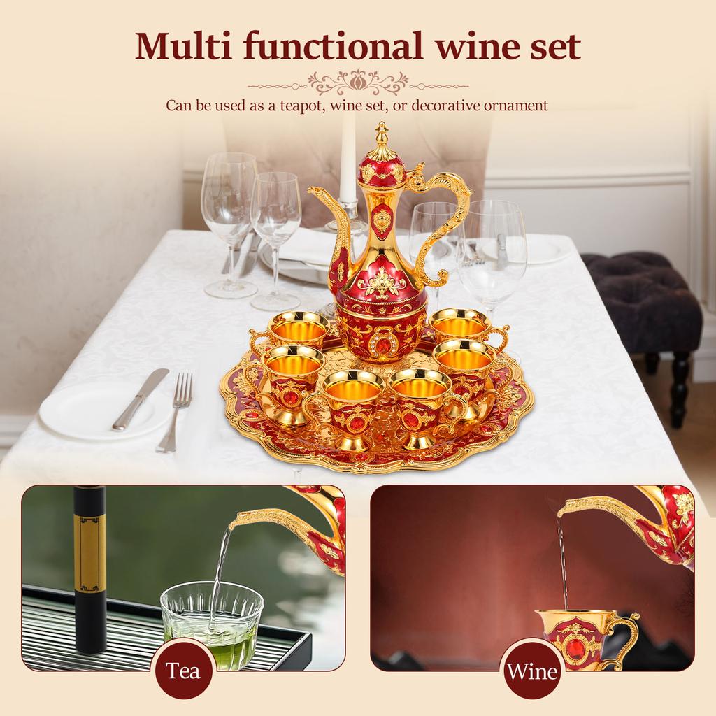 Vintage kovový turecký čajový set se 6 šálky a podnosem na konvici Nádherná turecká kávová konvice Konvice na víno Nápojové nádobí Domácí dekorativní řemesla