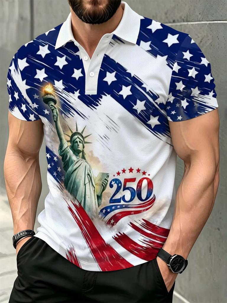 Men's Outdoor Short-Sleeve Polo Shirt with National Flag Graffiti Print, Available in Multiple Sizes. Men's Lapel Polo, Slim Fit Top Suitable for
