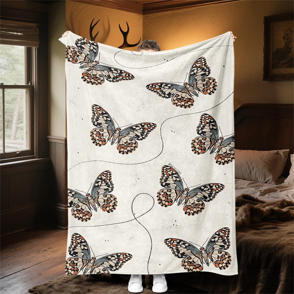 1PC Butterfly PrintOutdoor Flannel Blanket - Soft Plush Decor for Picnics, Camping, Bedroom, Playroom, Office, or Lunch Break 1282A