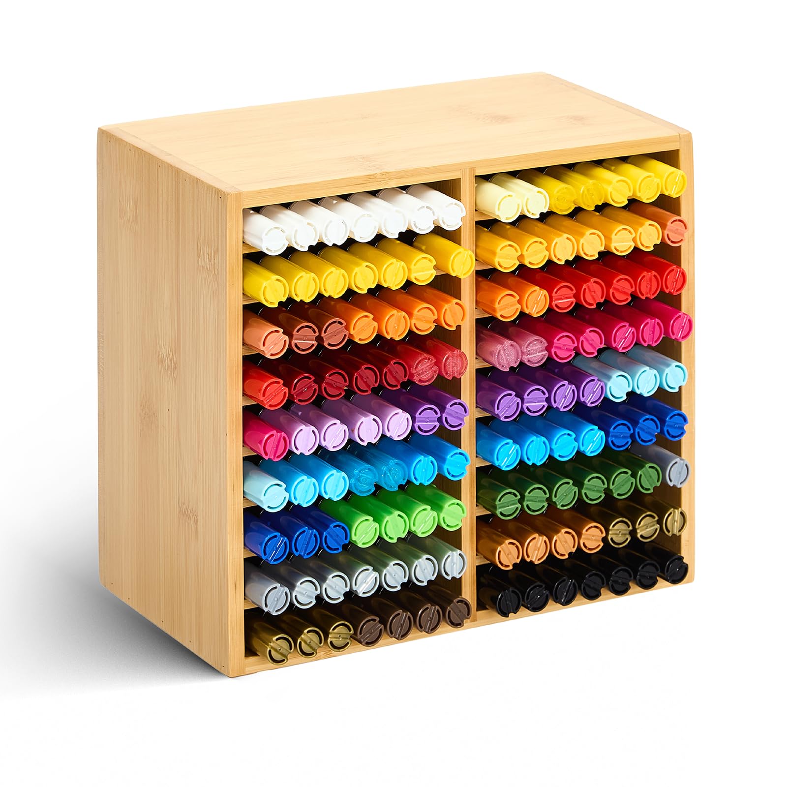 

MEEDEN Bamboo Marker Storage Holder with 18 Compartments, Holds 126 Markers, Alcohol Markers, Pens, Pencils, Art Supplies, Desk Organizer