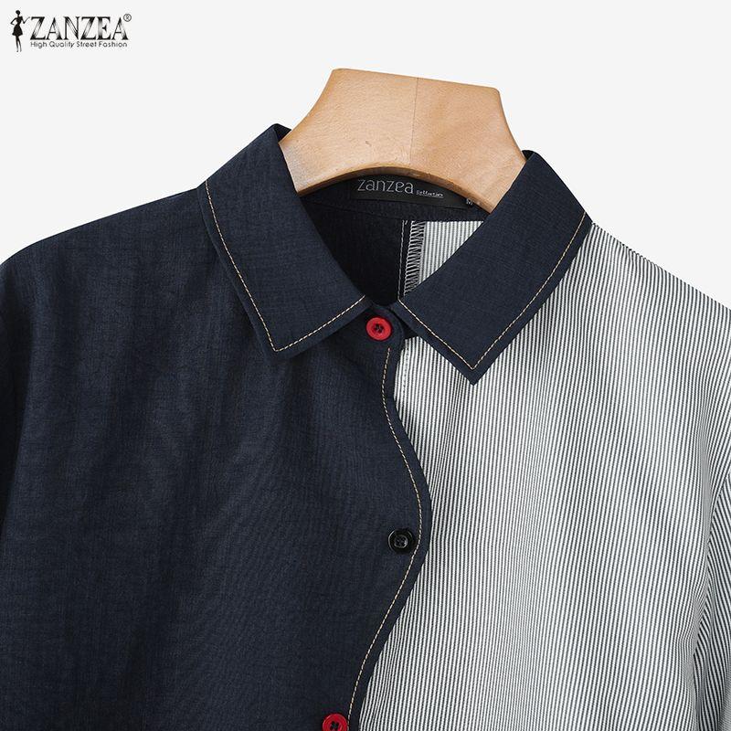 ZANZEA Women Casual Turn Down Collar Long Sleeve Splice Blouse