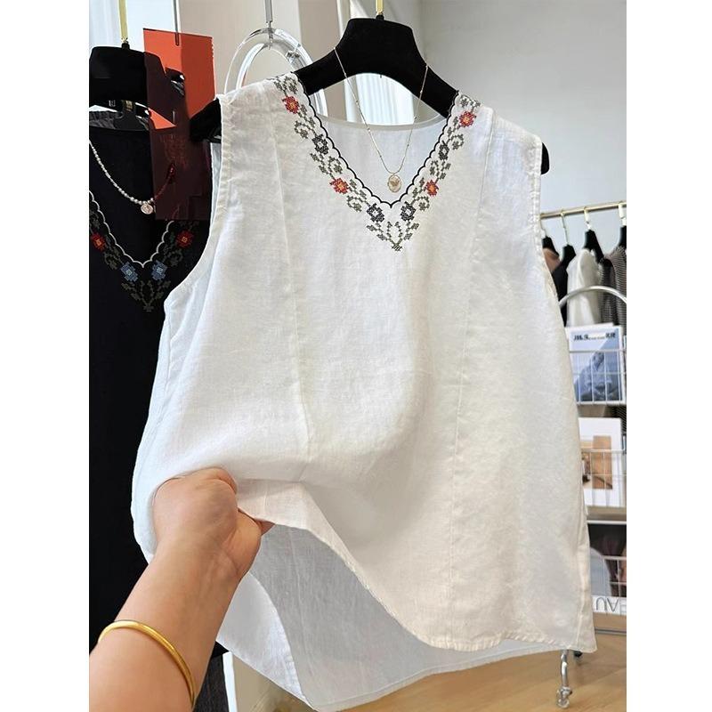 Women Linen Blend V Neck Sleeveless Tank Top With Floral Embroidery Casual Loose Fit