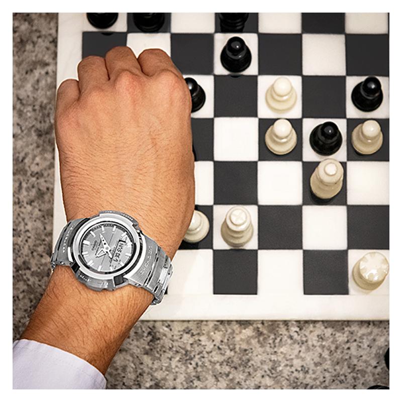 Casio all-metal series-disc solar quartz movement stainless steel strap Japanese and Korean watch men's watch silver dial AWM-500D-1A8PRD